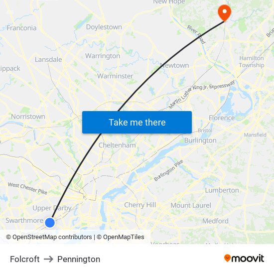 Folcroft to Pennington map