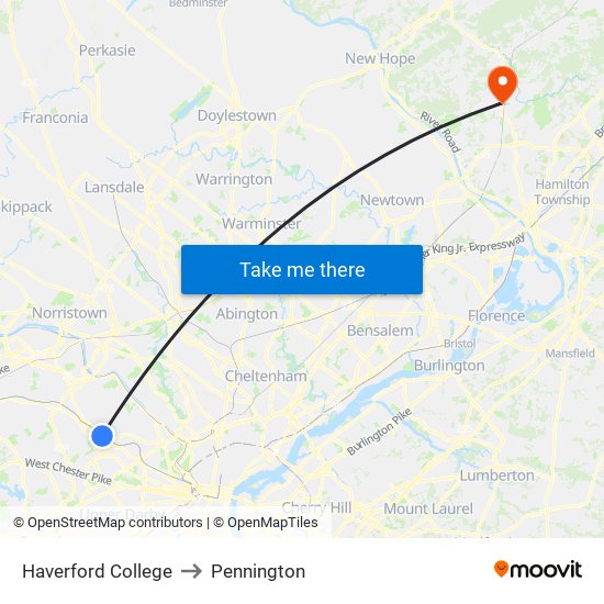 Haverford College to Pennington map