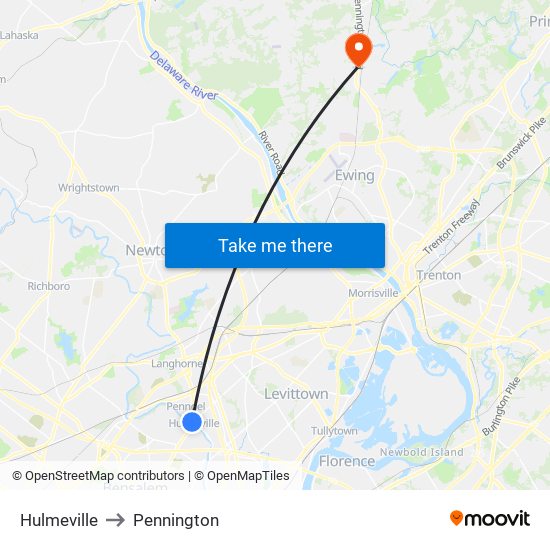 Hulmeville to Pennington map