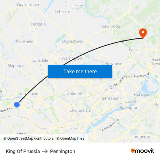 King Of Prussia to Pennington map