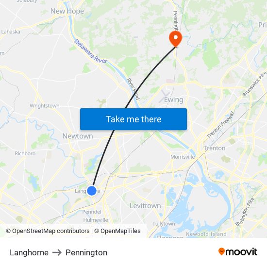 Langhorne to Pennington map