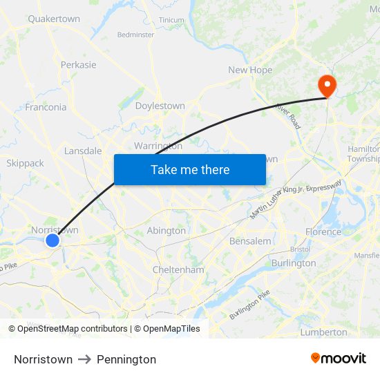 Norristown to Pennington map