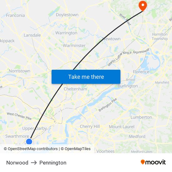 Norwood to Pennington map