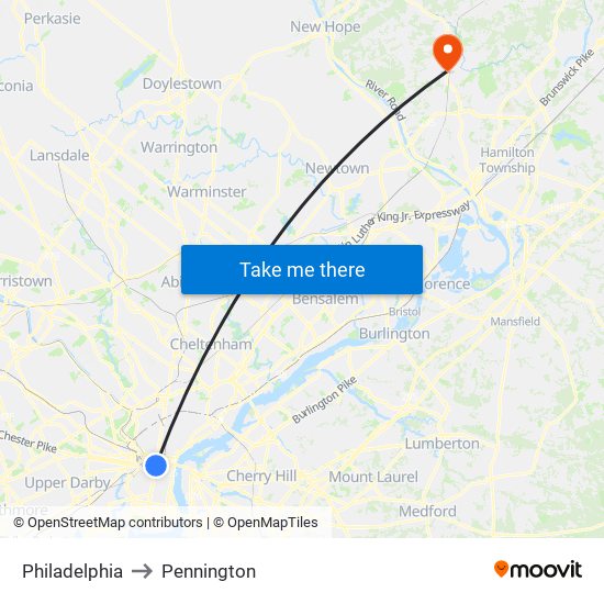 Philadelphia to Pennington map