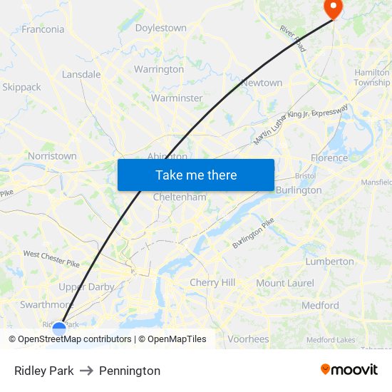 Ridley Park to Pennington map