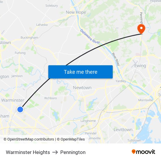 Warminster Heights to Pennington map