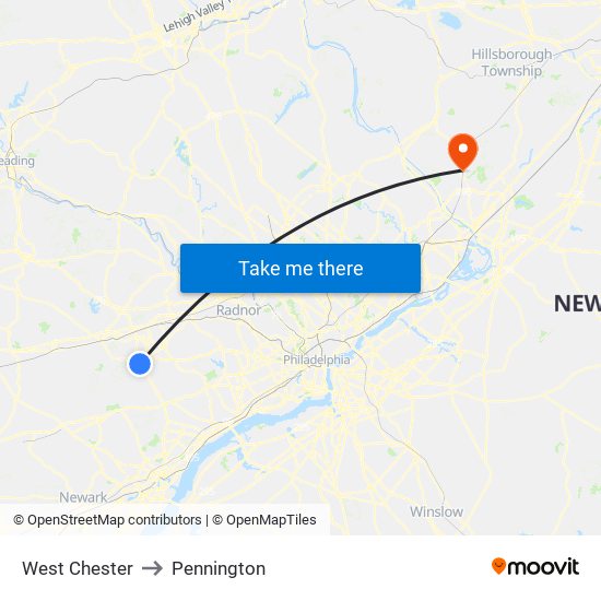 West Chester to Pennington map