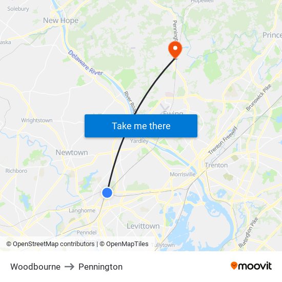 Woodbourne to Pennington map