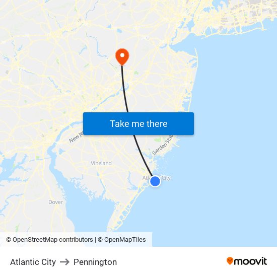 Atlantic City to Pennington map