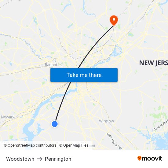Woodstown to Pennington map
