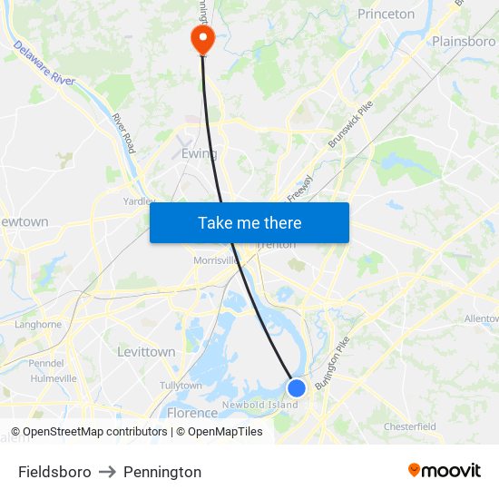 Fieldsboro to Pennington map