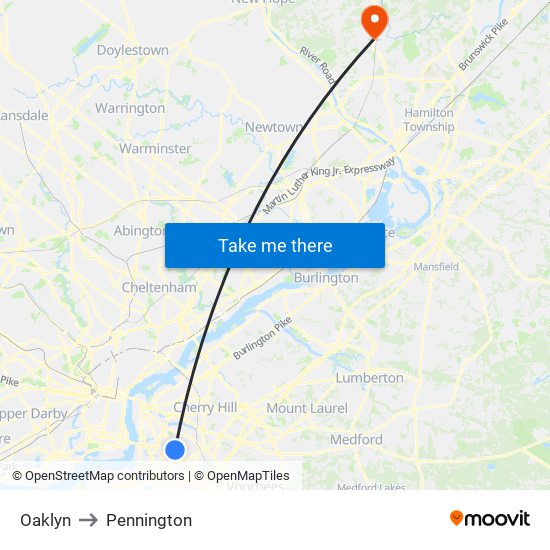 Oaklyn to Pennington map