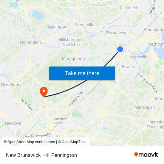 New Brunswick to Pennington map