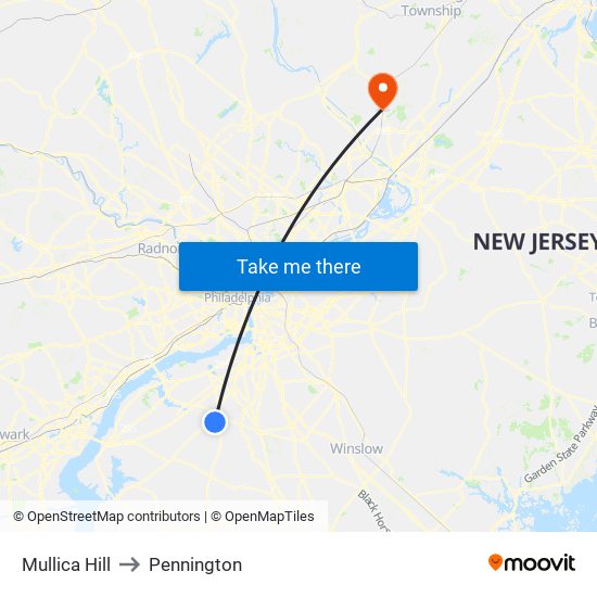 Mullica Hill to Pennington map