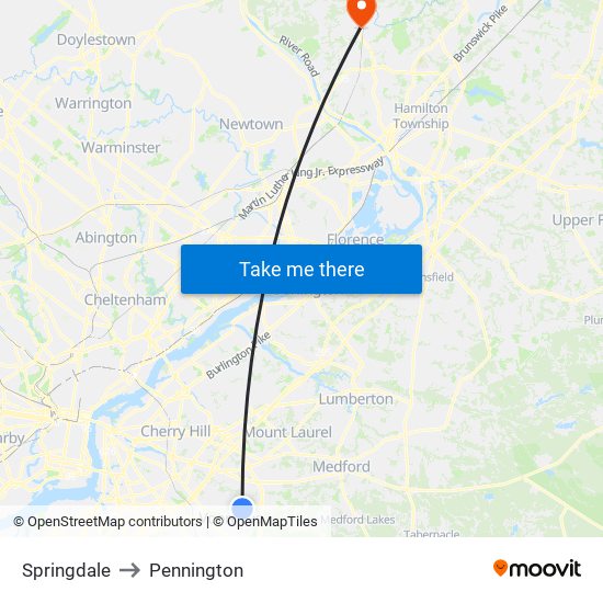 Springdale to Pennington map