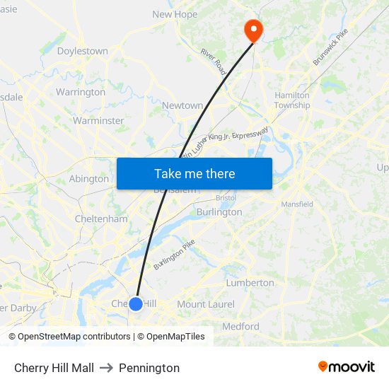 Cherry Hill Mall to Pennington map