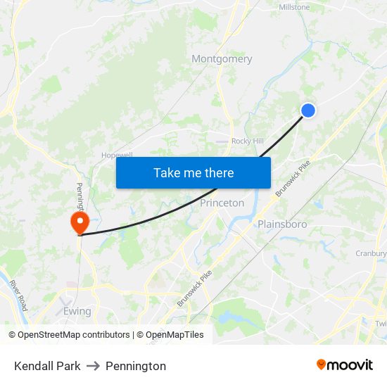 Kendall Park to Pennington map