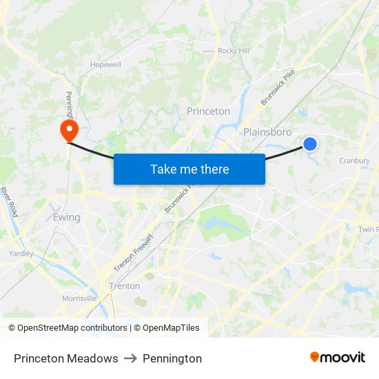 Princeton Meadows to Pennington map