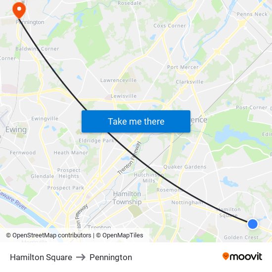 Hamilton Square to Pennington map