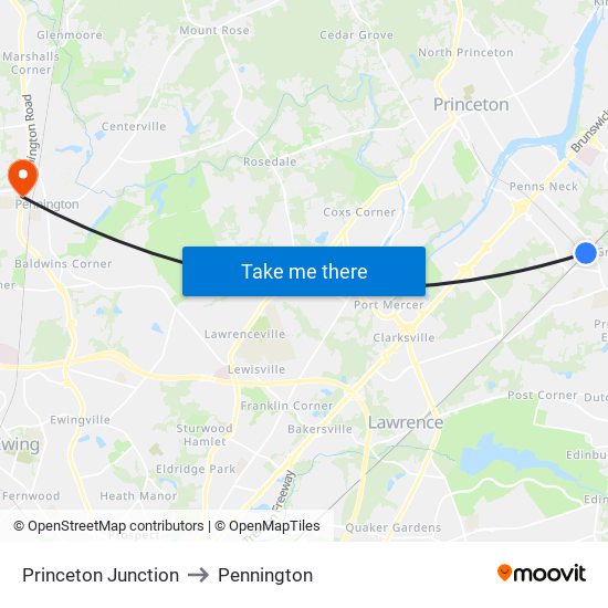 Princeton Junction to Pennington map