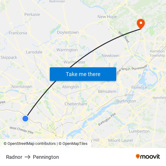 Radnor to Pennington map