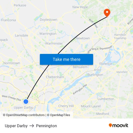 Upper Darby to Pennington map