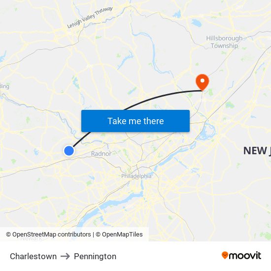 Charlestown to Pennington map