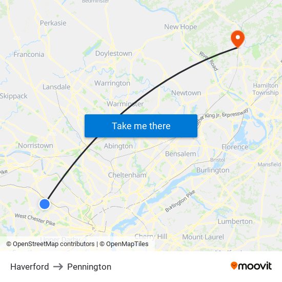 Haverford to Pennington map