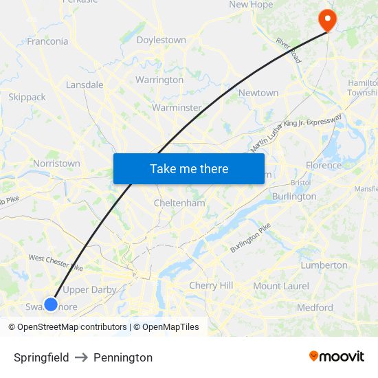 Springfield to Pennington map