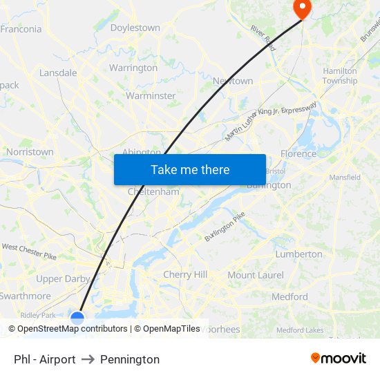 Phl - Airport to Pennington map