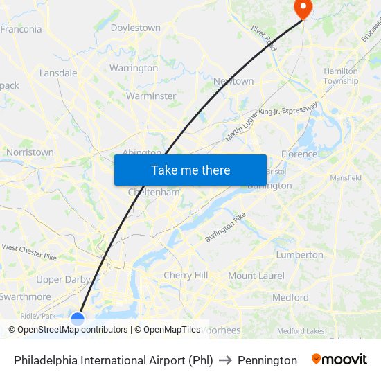 Philadelphia International Airport (Phl) to Pennington map