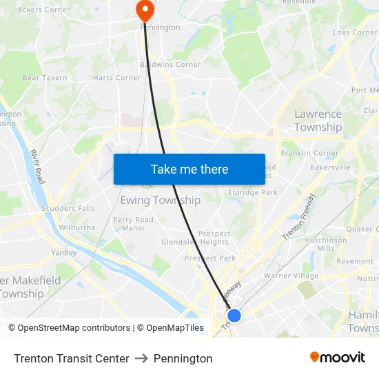Trenton Transit Center to Pennington map