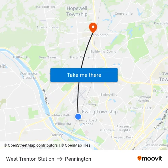 West Trenton Station to Pennington map