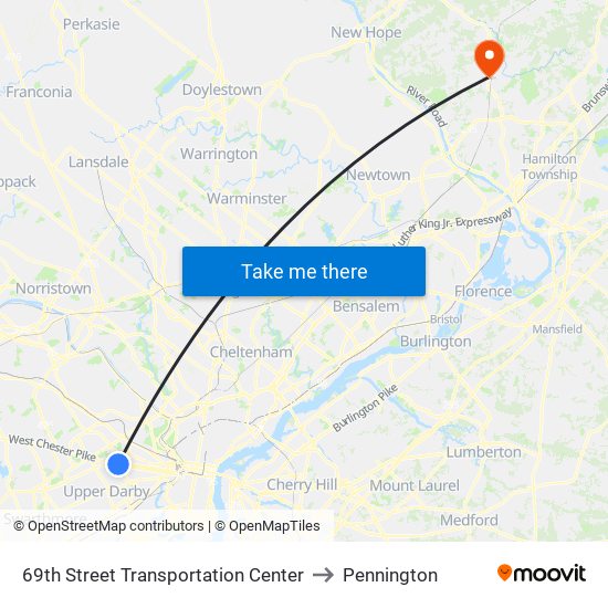69th Street Transportation Center to Pennington map