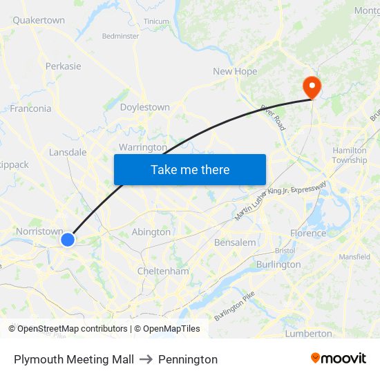 Plymouth Meeting Mall to Pennington map