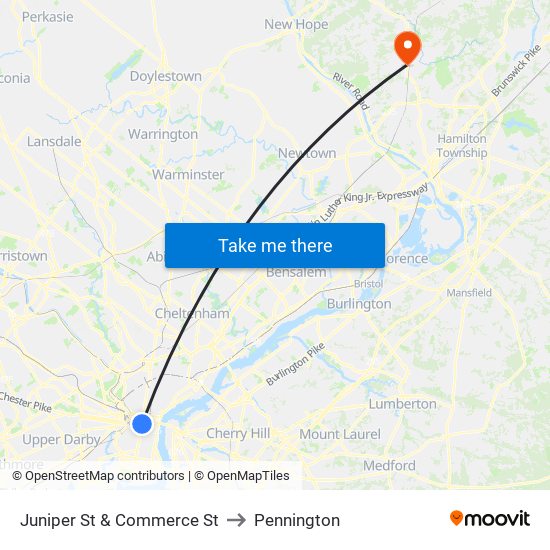 Juniper St & Commerce St to Pennington map