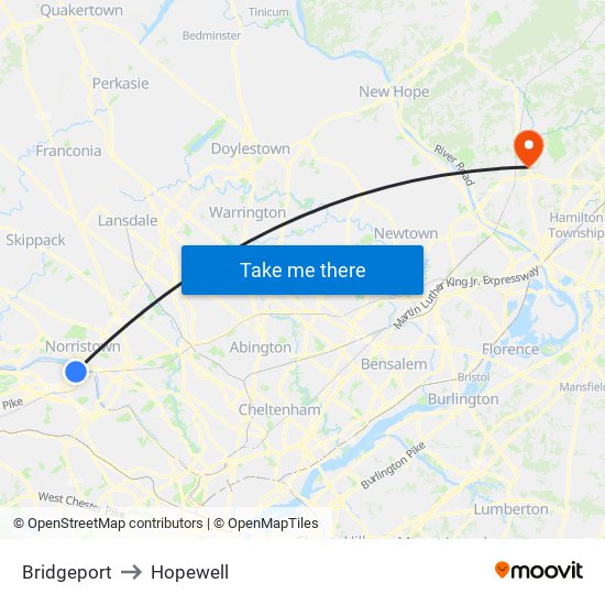 Bridgeport to Hopewell map