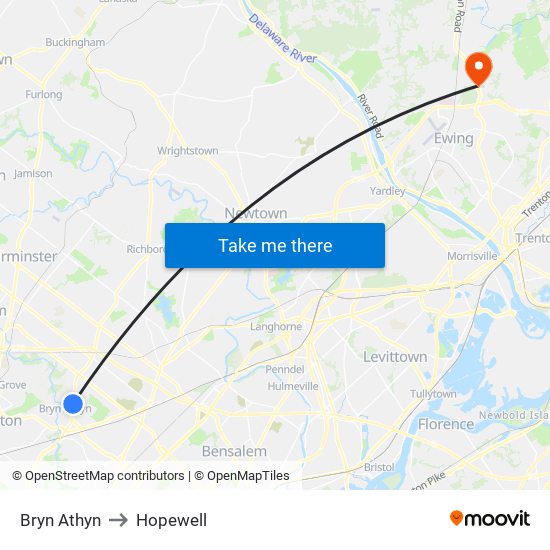 Bryn Athyn to Hopewell map