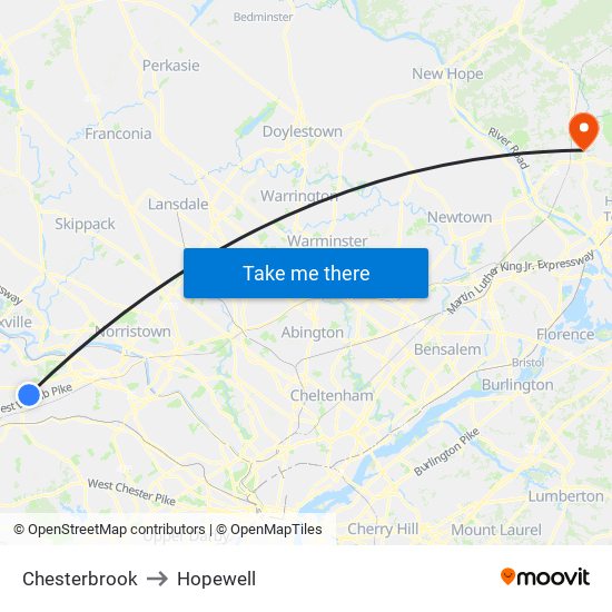Chesterbrook to Hopewell map