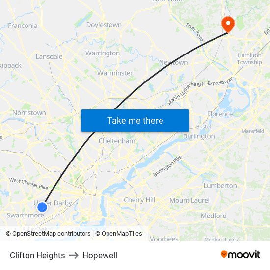 Clifton Heights to Hopewell map