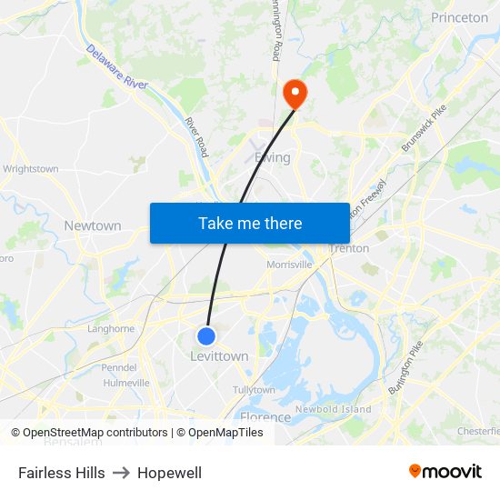 Fairless Hills to Hopewell map