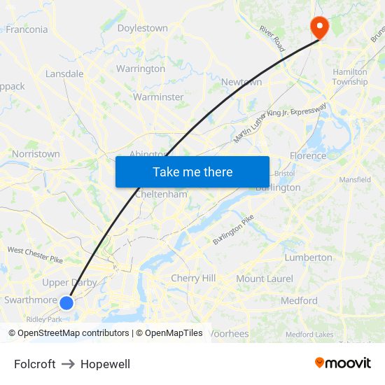 Folcroft to Hopewell map
