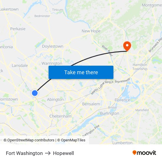 Fort Washington to Hopewell map