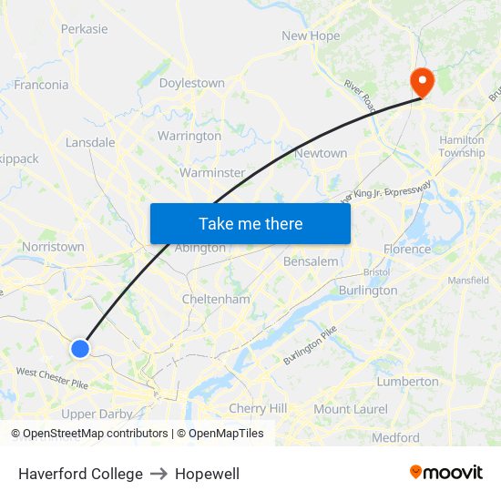 Haverford College to Hopewell map