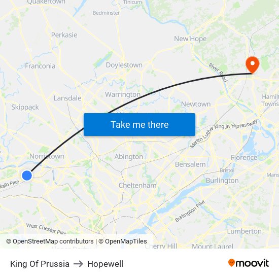 King Of Prussia to Hopewell map