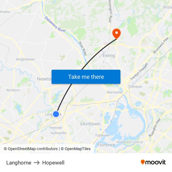 Langhorne to Hopewell map