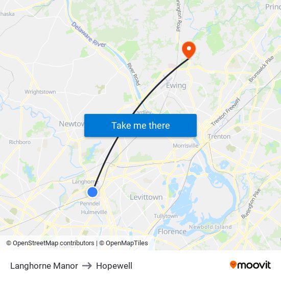 Langhorne Manor to Hopewell map