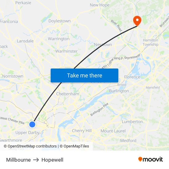 Millbourne to Hopewell map