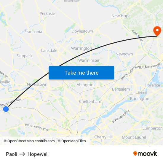 Paoli to Hopewell map