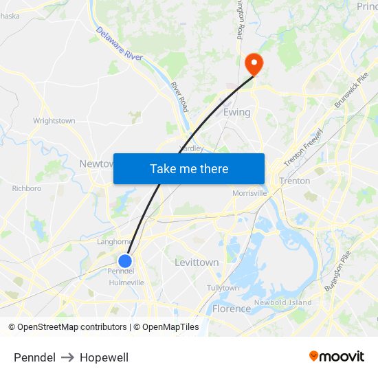 Penndel to Hopewell map